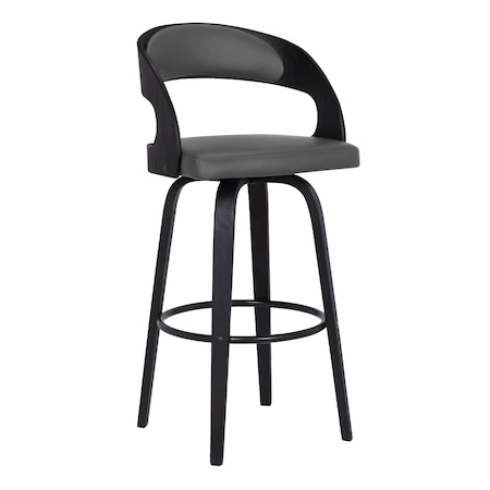 Armen Living Shelly 30" Bar Height Swivel Gray Faux Leather and Black Wood Bar Stool LCSHBAGRBL30